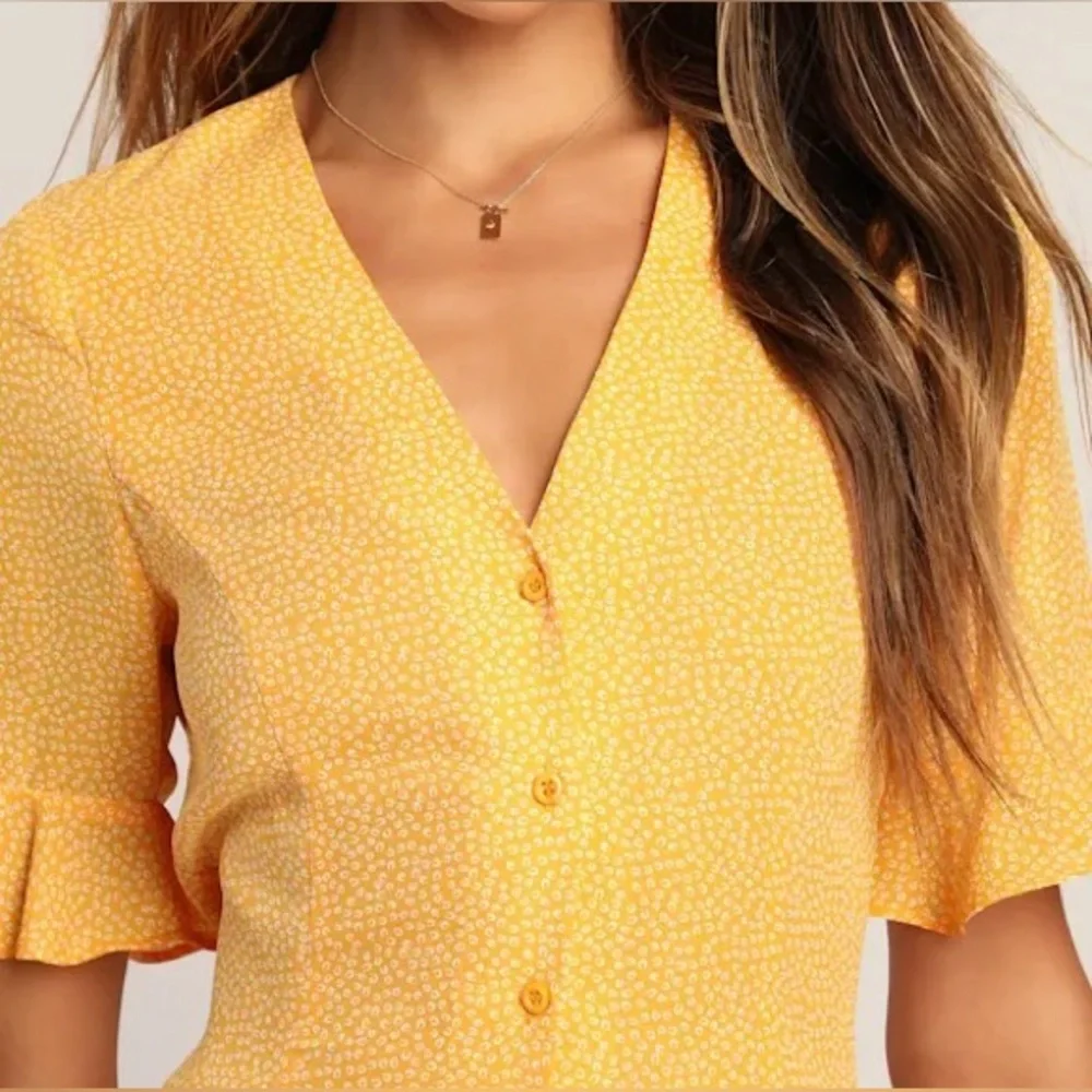 Lulus castana mustard yellow print button up dress size small - Picture 5 of 7